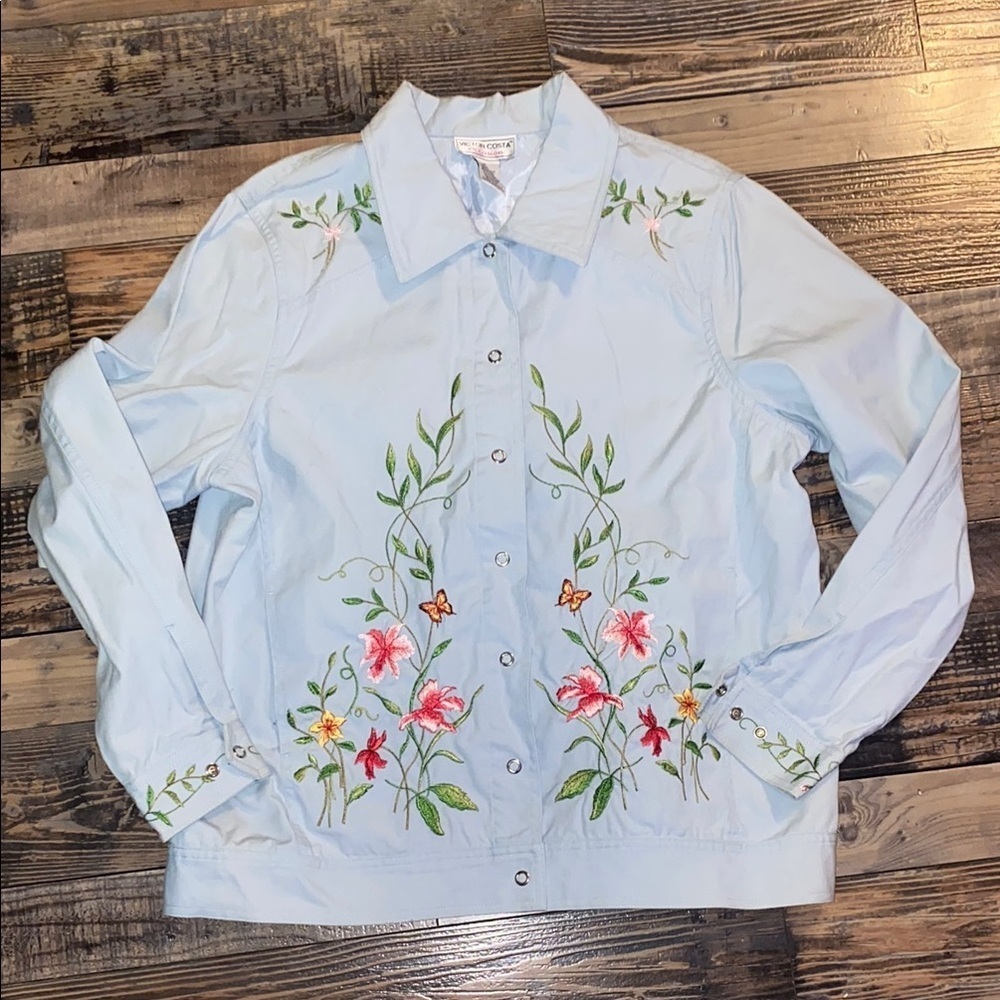Victor Costa Occasion Light Blue embroidered snap up jacket size M